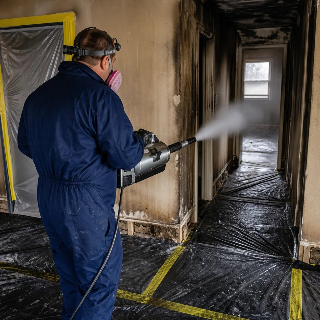 Professional technician performing fire damage restoration with odor control equipment