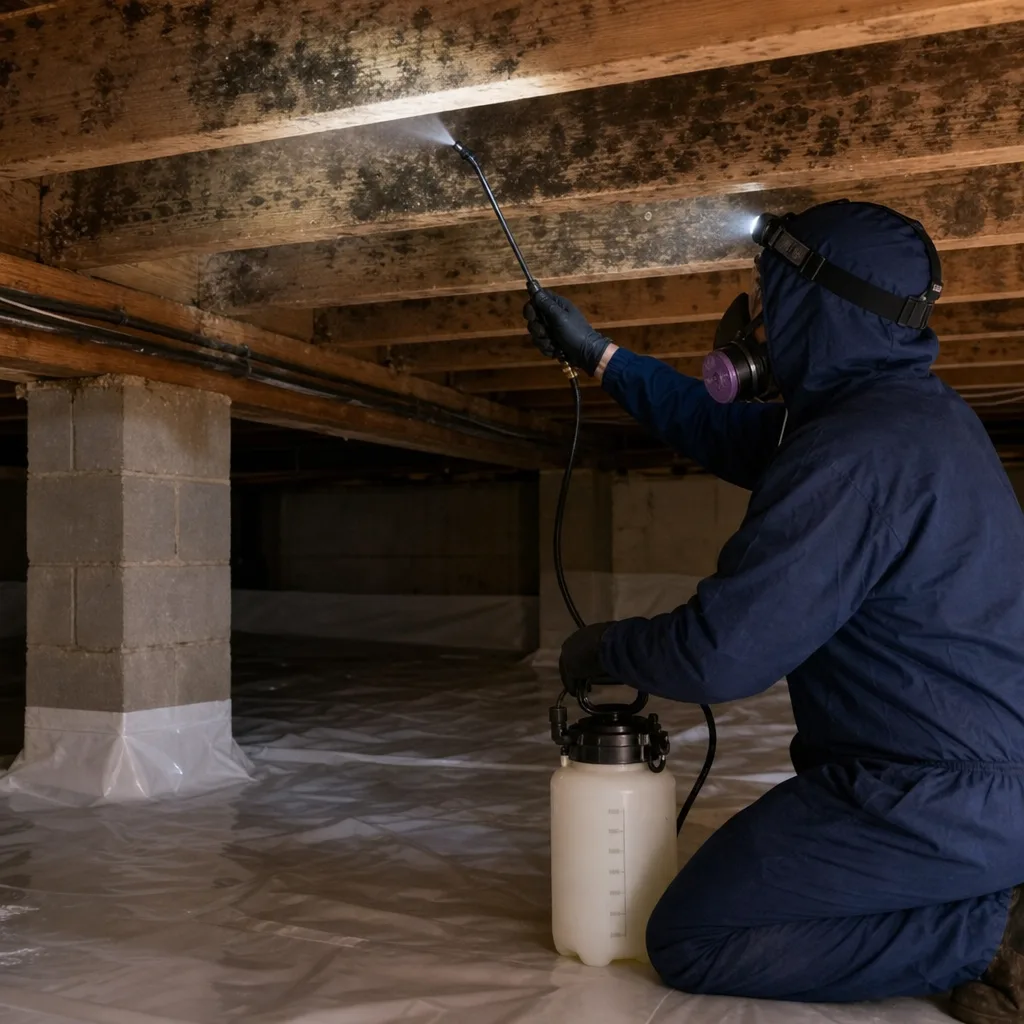 Mold remediation specialist spraying wooden floor joists in a dark crawl space