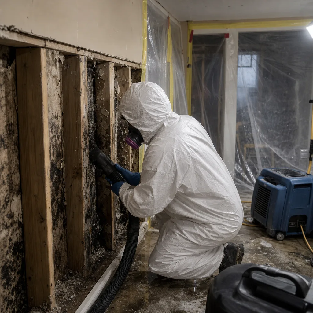 Technician in protective suit performing professional mold remediation on wall studs