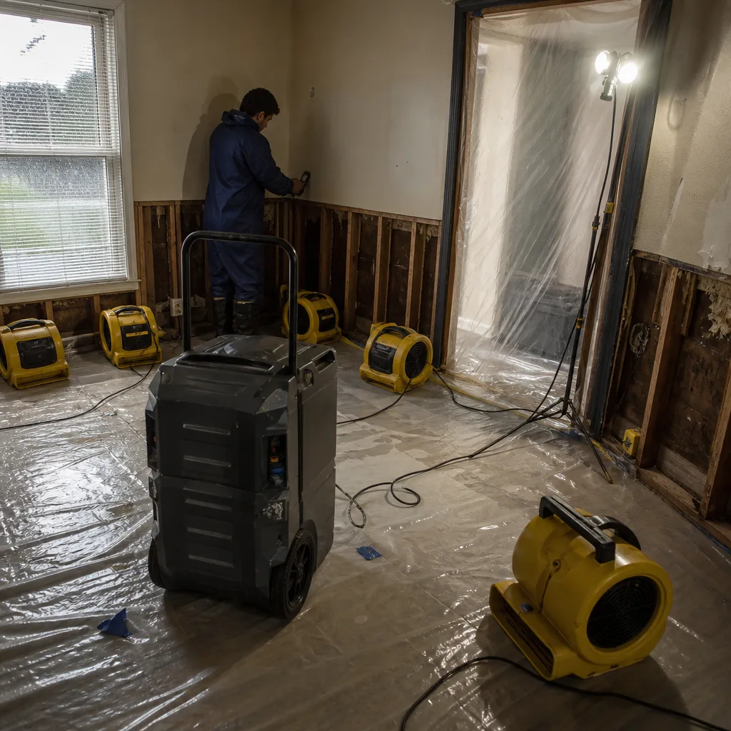 Technician performing water damage restoration with industrial drying equipment.