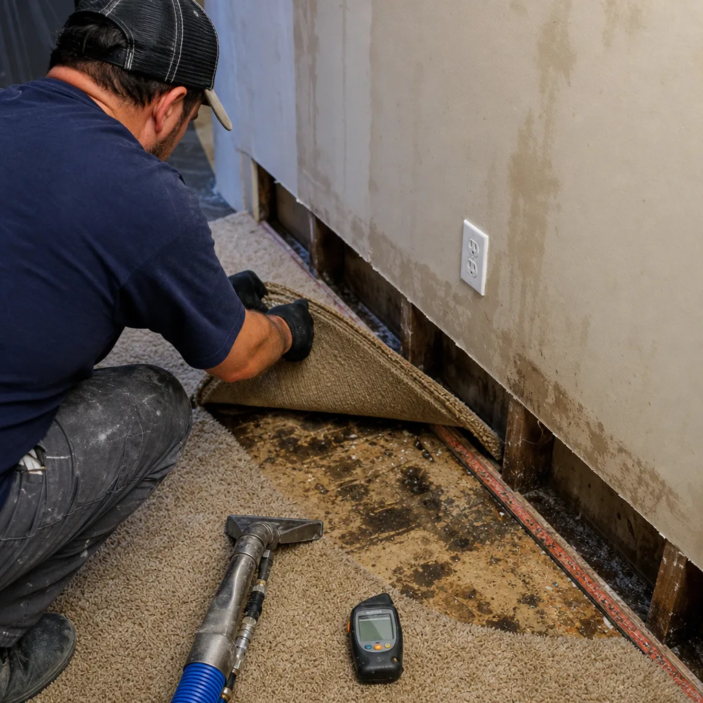 Technician inspecting water-damaged carpet and subfloor with moisture meter