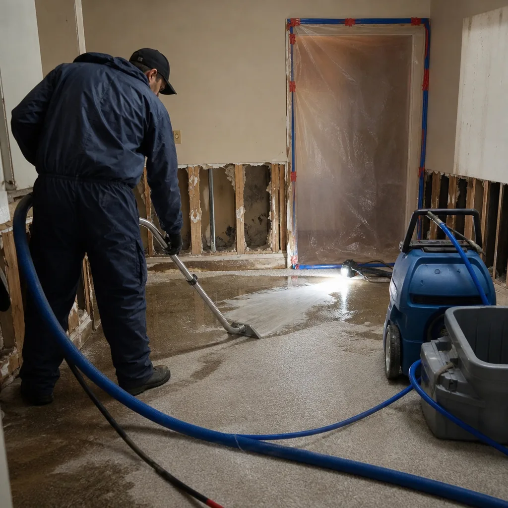 Water damage restoration professional extracting standing water from a residential carpet